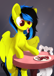 Size: 1157x1637 | Tagged: safe, artist:kebchach, oc, oc only, oc:here after, cat, pegasus, pony, bacon, food, meat, ponies eating meat, solo, table