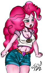 Size: 443x721 | Tagged: safe, artist:steca, pinkie pie, equestria girls, g4, belly button, breasts, busty pinkie pie, cleavage, clothes, female, midriff, open mouth, shirt, shorts, solo