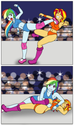 Size: 1000x1687 | Tagged: safe, artist:linedraweer, rainbow dash, sunset shimmer, equestria girls, g4, armpits, audience, belly button, camera flashes, clothes, comic, commission, crowd, fight, kick, kicking, midriff, pin, pinfall, pinning, sports, sports bra, sports panties, super kick, unconscious, wrestling, wrestling ring