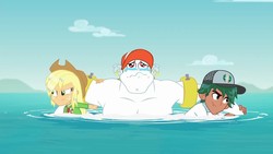 Size: 1280x720 | Tagged: safe, screencap, applejack, bulk biceps, timber spruce, equestria girls, equestria girls series, g4, turf war, applejack's hat, cap, clothes, cowboy hat, crying, female, geode of super strength, hat, lifeguard, lifeguard applejack, lifeguard timber, magical geodes, male, ocean, partial nudity, topless, wet hair