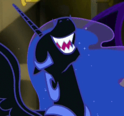 Size: 403x377 | Tagged: safe, screencap, nightmare moon, alicorn, pony, do princesses dream of magic sheep, g4, animated, cropped, evil laugh, fangs, female, gif, laughing, mare, reaction image, sharp teeth, solo, teeth