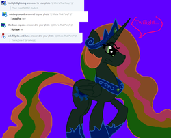 Size: 993x801 | Tagged: safe, artist:dazzlingmimi, princess celestia, alicorn, pony, tumblr:the sun has inverted, g4, answer, answers, blue background, blue sun, civil war, color change, comments, darkened coat, divided equestria, female, green eye, indigo background, invert princess celestia, inverted, inverted colors, inverted princess celestia, purple background, rainbow hair, sidemouth, simple background, solo, speech bubble, tumblr, violet background, word bubble