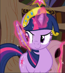 Size: 834x940 | Tagged: safe, screencap, fluttershy, twilight sparkle, pony, unicorn, g4, magical mystery cure, big crown thingy, confident, cropped, element of magic, female, glowing horn, golden oaks library, horn, jewelry, levitation, magic, quill, regalia, smiling, smirk, telekinesis, unicorn twilight