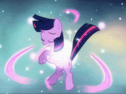 Size: 1263x939 | Tagged: safe, screencap, twilight sparkle, pony, unicorn, g4, magical mystery cure, ascension realm, cropped, eyes closed, female, floating, light, magic, magic aura, mare, princess celestia's special princess making dimension, solo focus, unicorn twilight