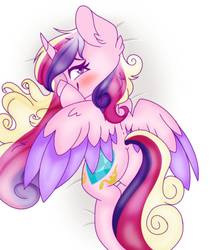 Size: 1254x1490 | Tagged: safe, artist:jup1t3r, princess cadance, alicorn, pony, g4, adorasexy, blushing, body pillow, body pillow design, butt, cute, cutedance, ear fluff, female, lovebutt, mare, plot, princess, profile, prone, sexy, solo, spread wings, two toned wings, wing fluff, wings