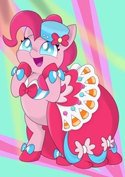 Size: 850x1200 | Tagged: safe, artist:mintmango, pinkie pie, earth pony, pony, g4, bipedal, bow, clothes, colored pupils, cute, diapinkes, dress, female, gala dress, open mouth, pixiv, solo, standing on two hooves