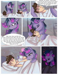 Size: 2088x2680 | Tagged: safe, artist:xjenn9fusion, oc, oc:queen galaxia (bigonionbean), oc:tommy the human, alicorn, human, pony, comic:fusing the fusions, comic:time of the fusions, alicorn oc, angry, bed, comic, commissioner:bigonionbean, concerned, confident, darkness, dialogue, doors, female, fusion:princess cadance, fusion:princess celestia, fusion:princess luna, fusion:twilight sparkle, high res, hospital, hospital bed, human oc, magic, male, mother and son, nervous, out of breath, pillow, potion, sleeping, table, thought bubble, writer:bigonionbean