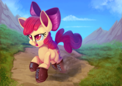Size: 2000x1407 | Tagged: safe, artist:discorded, artist:litrojia, apple bloom, earth pony, pony, g4, boots, collaboration, female, filly, open mouth, running, scenery, shoes, solo