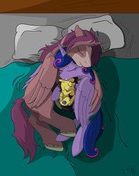 Size: 4834x6101 | Tagged: safe, artist:cactuscowboydan, oc, oc:king speedy hooves, oc:queen galaxia (bigonionbean), oc:tommy the human, alicorn, human, pony, alicorn oc, blanket, child, colt, commissioner:bigonionbean, cutie mark, family, father and son, female, floppy ears, foal, fusion, fusion:big macintosh, fusion:flash sentry, fusion:princess cadance, fusion:princess celestia, fusion:princess luna, fusion:shining armor, fusion:trouble shoes, fusion:twilight sparkle, herd, human oc, husband and wife, male, mare, mattress, mother and son, pillow, ponified, royal family, sleeping, stallion, straight