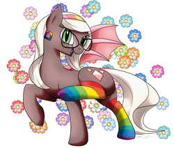 Size: 1254x1063 | Tagged: safe, artist:wolftendragon, oc, oc only, bat pony, pony, abstract background, bat pony oc, bat wings, clothes, commission, digital art, ear piercing, earring, female, flower, glasses, happy, headband, jewelry, mare, membranous wings, open mouth, piercing, rainbow socks, raised hoof, simple background, smiling, socks, solo, spread wings, striped socks, tiara, underhoof, white background, wings