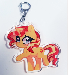 Size: 3024x3326 | Tagged: safe, artist:techycutie, sunset shimmer, pony, unicorn, equestria girls, g4, chibi, fan made, female, high res, irl, keychain, mare, photo, raised hoof, smiling, solo