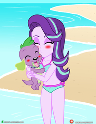 Size: 3090x4000 | Tagged: safe, artist:dieart77, spike, starlight glimmer, dog, equestria girls, g4, beach, bikini, blushing, clothes, commission, cute, eyes closed, female, holding a dog, kissing, male, open mouth, ship:sparlight, shipping, spike gets all the equestria girls, spike the dog, spikelove, straight, swimsuit