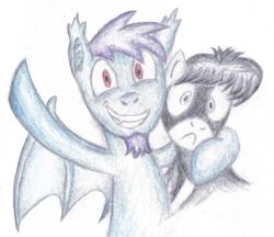 Size: 1024x885 | Tagged: safe, artist:bitgamer, oc, oc:quick draw, oc:tommy junior, earth pony, pony, vampony, bat wings, colored pencil drawing, colt, facial hair, fangs, goatee, happy, looking at you, male, oc x oc, red eyes, scared, shipping, simple background, stallion, stranger danger, traditional art, white background, wings