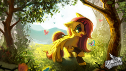Size: 3840x2160 | Tagged: safe, artist:erinliona, fluttershy, butterfly, pegasus, pony, g4, 4k, amazed, bracer, cute, digital art, ear piercing, emoshy, female, forest, happy, high res, looking at something, makeup, mountain, mountain range, open mouth, outdoors, piercing, raised hoof, scenery, shyabetes, solo, spread wings, tongue out, tree, wallpaper, wings