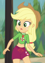Size: 701x986 | Tagged: safe, screencap, applejack, equestria girls, g4, my little pony equestria girls: better together, turf war, belly button, clothes, cropped, female, lifeguard, lifeguard applejack, midriff, solo, swimsuit