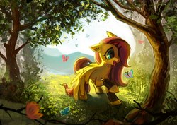 Size: 2560x1810 | Tagged: safe, artist:erinliona, fluttershy, butterfly, pegasus, pony, g4, amazed, bracer, cute, digital art, ear piercing, emoshy, female, forest, happy, looking at something, makeup, mountain, mountain range, open mouth, outdoors, piercing, raised hoof, scenery, shyabetes, solo, spread wings, tongue out, tree, wings