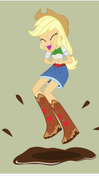 Size: 1242x2208 | Tagged: safe, artist:magerblutooth, applejack, equestria girls, g4, belt, boots, clothes, cowboy boots, cowboy hat, eyes closed, female, hat, high heel boots, jumping, jumping for joy, laughing, mud, mud puddle, muddy boots, puddle, shirt, shoes, skirt, solo, splashing, wet boots