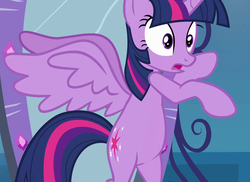 Size: 1479x1079 | Tagged: safe, screencap, twilight sparkle, alicorn, pony, equestria girls, g4, my little pony equestria girls, animation error, belly, bipedal, cropped, featureless crotch, open mouth, spread wings, twilight sparkle (alicorn), wings