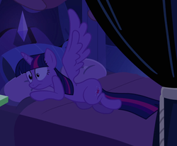 Size: 1050x867 | Tagged: safe, screencap, twilight sparkle, alicorn, pony, equestria girls, g4, my little pony equestria girls, bed, cropped, female, lights out, lying on bed, solo, startled, twilight sparkle (alicorn), wide eyes, wings