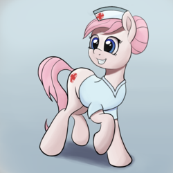 Size: 1000x1000 | Tagged: safe, artist:phidaazn, nurse redheart, earth pony, pony, g4, clothes, cute, digital art, female, mare, nurse outfit, raised hoof, simple background, smiling, solo