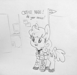 Size: 1474x1440 | Tagged: safe, artist:tjpones, oc, oc only, oc:office mare, earth pony, pony, dialogue, ear fluff, female, flag, grayscale, lineart, mare, monochrome, necktie, office, pencil, simple background, solo, traditional art, watch, wristwatch