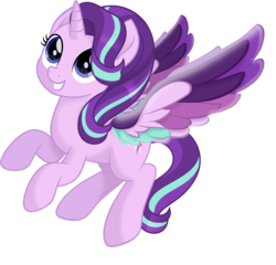 Size: 1600x1535 | Tagged: safe, artist:n0kkun, starlight glimmer, alicorn, pony, g4, rainbow roadtrip, alicornified, colored wings, commission, female, flying, happy, looking up, mare, movie, movie accurate, multicolored wings, race swap, rainbow wings, simple background, smiling, solo, spread wings, starlicorn, transparent background, vector, wing bling, wings