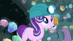 Size: 980x551 | Tagged: safe, screencap, maud pie, starlight glimmer, pony, g4, rock solid friendship, animated, cave, cute, duo, female, gem, gem cave, helmet, mare, mining helmet, smiling, when she smiles