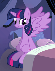 Size: 548x708 | Tagged: safe, screencap, twilight sparkle, alicorn, pony, equestria girls, g4, my little pony equestria girls, bed, cropped, female, sitting, solo, spread wings, twilight sparkle (alicorn), wings