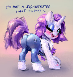 Size: 2912x3075 | Tagged: safe, artist:xbi, rarity, pony, unicorn, g4, simple ways, butt, clothes, dialogue, digital art, female, fluffy, glitter, high res, lipstick, makeup, messy, messy mane, one eye closed, open mouth, overalls, pants, plot, rarihick, running makeup, simple background, solo, tail, tail hole
