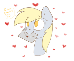 Size: 3000x2500 | Tagged: safe, artist:katyusha, derpy hooves, pegasus, pony, g4, abstract background, cute, dialogue, eye clipping through hair, female, heart, high res, letter, love, love letter, mare, mouth hold, no pupils, simple background, smiling, solo