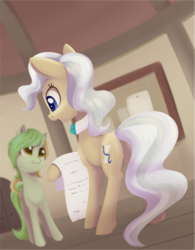 Size: 1710x2197 | Tagged: safe, artist:dusthiel, mayor mare, oc, earth pony, pony, g4, :3, duo, female, mare, smiling