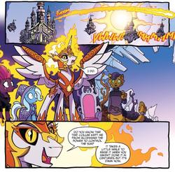 Size: 805x791 | Tagged: safe, artist:tonyfleecs, idw, capper dapperpaws, daybreaker, tempest shadow, trixie, abyssinian, alicorn, pony, unicorn, g4, my little pony: the movie, nightmare knights, spoiler:comic, spoiler:comicnightmareknights05, female, mare