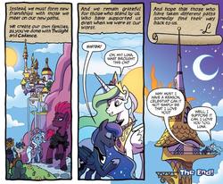 Size: 797x656 | Tagged: safe, artist:tony fleecs, idw, capper dapperpaws, princess celestia, princess luna, stygian, tempest shadow, trixie, g4, my little pony: nightmare knights, my little pony: the movie, nightmare knights #5, spoiler:comic, broken horn, canterlot, canterlot castle, horn, hug, letter