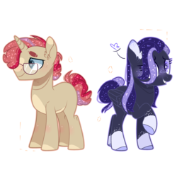 Size: 4000x4000 | Tagged: safe, artist:jxst-alexa, oc, oc only, pegasus, pony, unicorn, absurd resolution, female, glasses, half-siblings, magical lesbian spawn, mare, offspring, parent:moondancer, parent:sunset shimmer, parent:tempest shadow, parents:tempestdancer, parents:tempestshimmer, simple background, transparent background