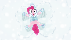 Size: 1600x900 | Tagged: safe, artist:cloudy glow, artist:sailortrekkie92, pinkie pie, earth pony, pony, g4, tanks for the memories, clothes, cute, diapinkes, female, happy, hat, hoof shoes, jacket, mare, open mouth, snow, snow angel, solo, wallpaper