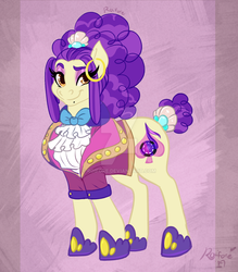 Size: 1024x1167 | Tagged: safe, artist:roifore, oc, oc only, earth pony, pony, beauty mark, bowtie, clothes, cravat, deviantart watermark, eyeshadow, female, hooped earrings, jacket, magical lesbian spawn, makeup, mare, mole, obtrusive watermark, offspring, parent:sapphire shores, parent:torch song, parents:torchshores, pony shoes, signature, solo, watermark