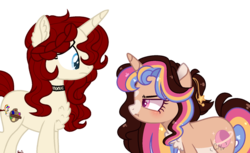 Size: 1024x627 | Tagged: safe, artist:moon-rose-rosie, artist:seaswirlsyt, oc, oc only, oc:kim, oc:melanie (moon-rose-rosie), pony, unicorn, annoyed, braid, chest fluff, choker, coat markings, collaboration, duo, facial markings, female, height difference, horn, lightly watermarked, mare, pale belly, pink eyes, ponysona, simple background, snip (coat marking), standing, star (coat marking), transparent background, unicorn oc, watermark