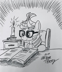 Size: 2746x3189 | Tagged: safe, artist:debmervin, moondancer, pony, unicorn, g4, book, candle, chair, clothes, female, glasses, high res, mare, monochrome, reading, sitting, smiling, solo, traditional art
