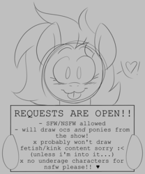 Size: 1943x2340 | Tagged: safe, artist:taaffeiite, derpibooru exclusive, oc, oc only, oc:cyberia starlight, earth pony, pony, :3, :p, blushing, cute, female, heart, holding a sign, lineart, looking, looking at you, mare, monochrome, request, sign, silly, sketch, smiling, solo, staring into your soul, text, tongue out