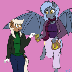 Size: 1500x1500 | Tagged: safe, artist:darnelg, oc, oc only, oc:panne, bat pony, earth pony, anthro, unguligrade anthro, clothes, coat markings, digital art, duo, duo female, epona, female, flying, food, membranous wings, sharing, sheikah slate, simple background, smiling, socks (coat markings), the legend of zelda, wings