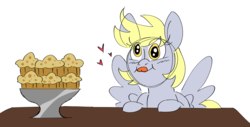 Size: 4956x2509 | Tagged: safe, artist:taaffeiite, derpibooru exclusive, derpy hooves, pegasus, pony, g4, blushing, colored sketch, cute, derp, derpabetes, female, food, heart, mare, mlem, muffin, request, silly, simple background, sketch, solo, spread wings, that pony sure does love muffins, tongue out, white background, wings