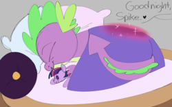 Size: 3000x1875 | Tagged: safe, artist:taaffeiite, derpibooru exclusive, spike, twilight sparkle, alicorn, pony, g4, bed, colored sketch, cute, dialogue, gray background, heart, implied twilight sparkle, magic, offscreen character, pillow, plushie, request, simple background, sketch, sleeping, speech bubble, spikabetes, twilight sparkle (alicorn), twilight sparkle plushie