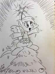 Size: 1533x2048 | Tagged: safe, artist:debmervin, derpy hooves, pony, g4, christmas, christmas tree, derpy star, female, holiday, monochrome, solo, traditional art, tree
