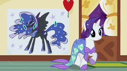 Size: 1920x1080 | Tagged: safe, screencap, nightmare moon, rarity, pony, g4, scare master, clothes, costume, drawing, dress, mermarity, mlem, nightmare mlem, nightmare night costume, rarity's mermaid dress, sugarcube corner
