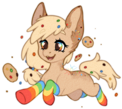 Size: 1319x1182 | Tagged: safe, artist:dustyonyx, oc, oc only, earth pony, pony, :3, clothes, colorful, cookie, cute, female, food, happy, mare, open mouth, rainbow socks, raised hoof, simple background, smiling, socks, solo, striped socks, transparent background