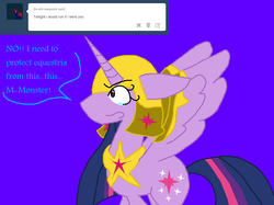 Size: 1076x806 | Tagged: safe, artist:dazzlingmimi, twilight sparkle, alicorn, pony, tumblr:the sun has inverted, g4, armor, ask, blue background, civil war, crying, divided equestria, female, rebellion, resistance, sidemouth, simple background, solo, speech bubble, tumblr, twilight sparkle (alicorn), wide eyes, word bubble