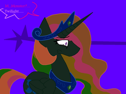 Size: 1076x806 | Tagged: safe, artist:dazzlingmimi, princess celestia, alicorn, pony, tumblr:the sun has inverted, g4, blue background, blue sun, civil war, color change, crying, darkened coat, divided equestria, female, heartbreak, invert princess celestia, inverted, inverted colors, inverted princess celestia, rainbow hair, sadness, sidemouth, simple background, solo, speech bubble, tumblr, wide eyes, word bubble