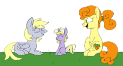 Size: 5759x3086 | Tagged: safe, artist:taaffeiite, derpibooru exclusive, carrot top, derpy hooves, dinky hooves, golden harvest, earth pony, pegasus, pony, unicorn, g4, alternate hairstyle, colored sketch, cutie mark, female, filly, grass, group, happy, lying down, mare, mother and daughter, open mouth, outdoors, request, simple background, sitting, sketch, smiling, teeth, transparent background