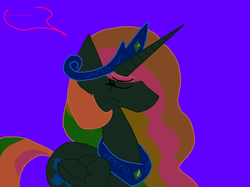 Size: 1076x806 | Tagged: safe, artist:dazzlingmimi, princess celestia, pony, tumblr:the sun has inverted, g4, ..., betrayed, blue background, blue sun, civil war, color change, crying, darkened coat, divided equestria, female, invert princess celestia, inverted, inverted colors, inverted princess celestia, sadness, sidemouth, simple background, solo, speech bubble, tumblr, word bubble