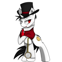 Size: 2300x2300 | Tagged: safe, artist:llhopell, oc, oc only, pony, unicorn, clothes, commission, hat, high res, male, necktie, open mouth, pocket watch, simple background, solo, stallion, suit, white background